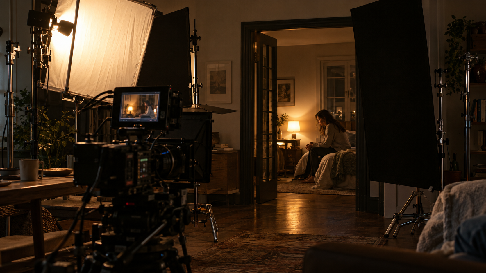 Behind the scenes view of a warm interior cinematography setup